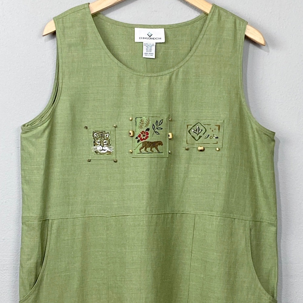 Vintage Erin London Maxi Dress Size L Green Silk Linen Blend Quirky Granny Artsy